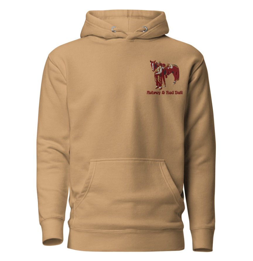 Khaki hoodie embroidered with a horse and rider and the names Aubrey & Red Bull