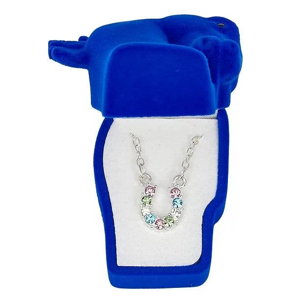 AWST Int'l Aqua Rhinestone Horseshoe Necklace w/Horse Head Gift Box
