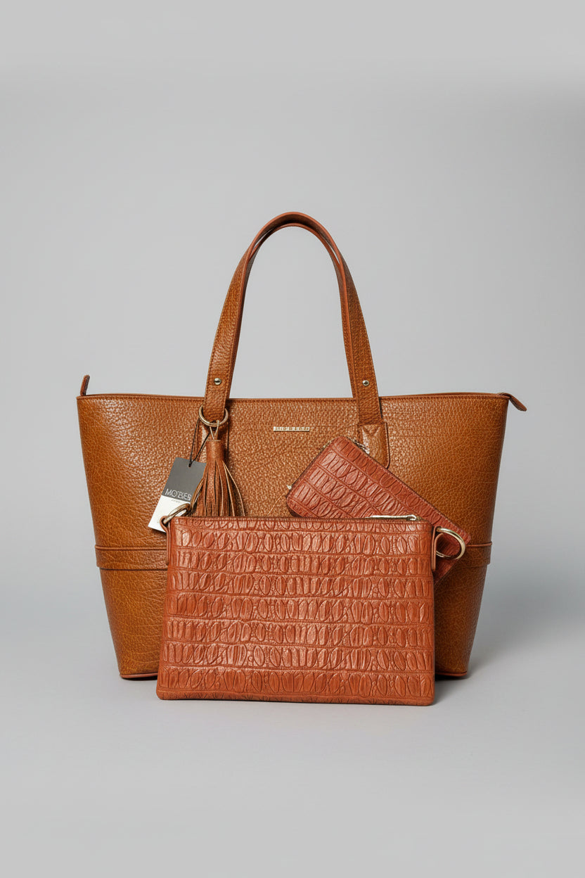 3 in 1 Cognac Set — Tote, Wallet & Clutch