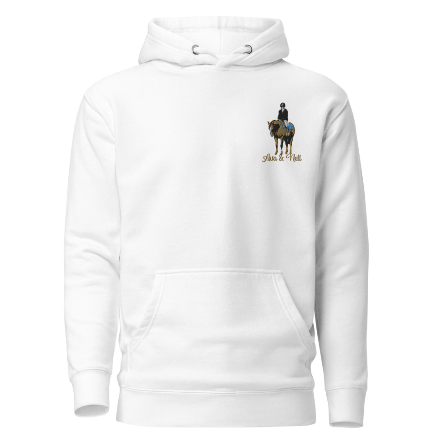 White hoodie embroidered with a horse and rider and the names Ava & Nell