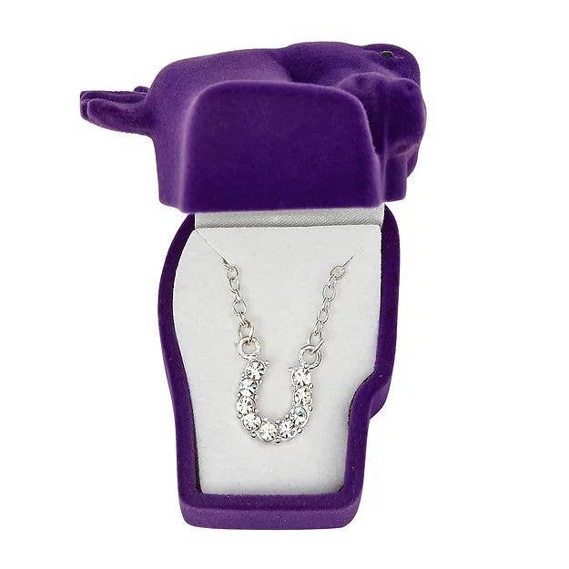 AWST Int'l Aqua Rhinestone Horseshoe Necklace w/Horse Head Gift Box
