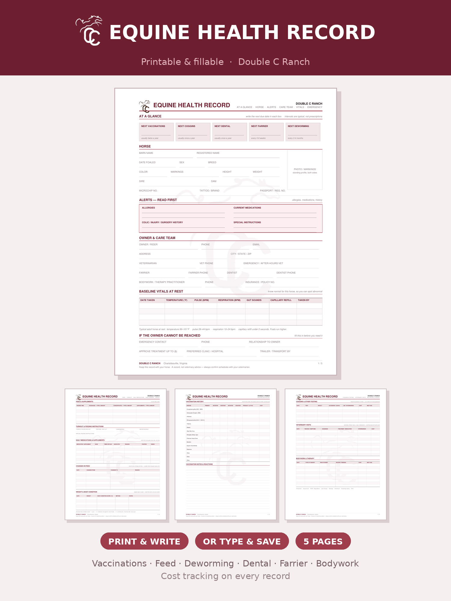 Equine Health Record — Printable & Fillable Horse Health Log