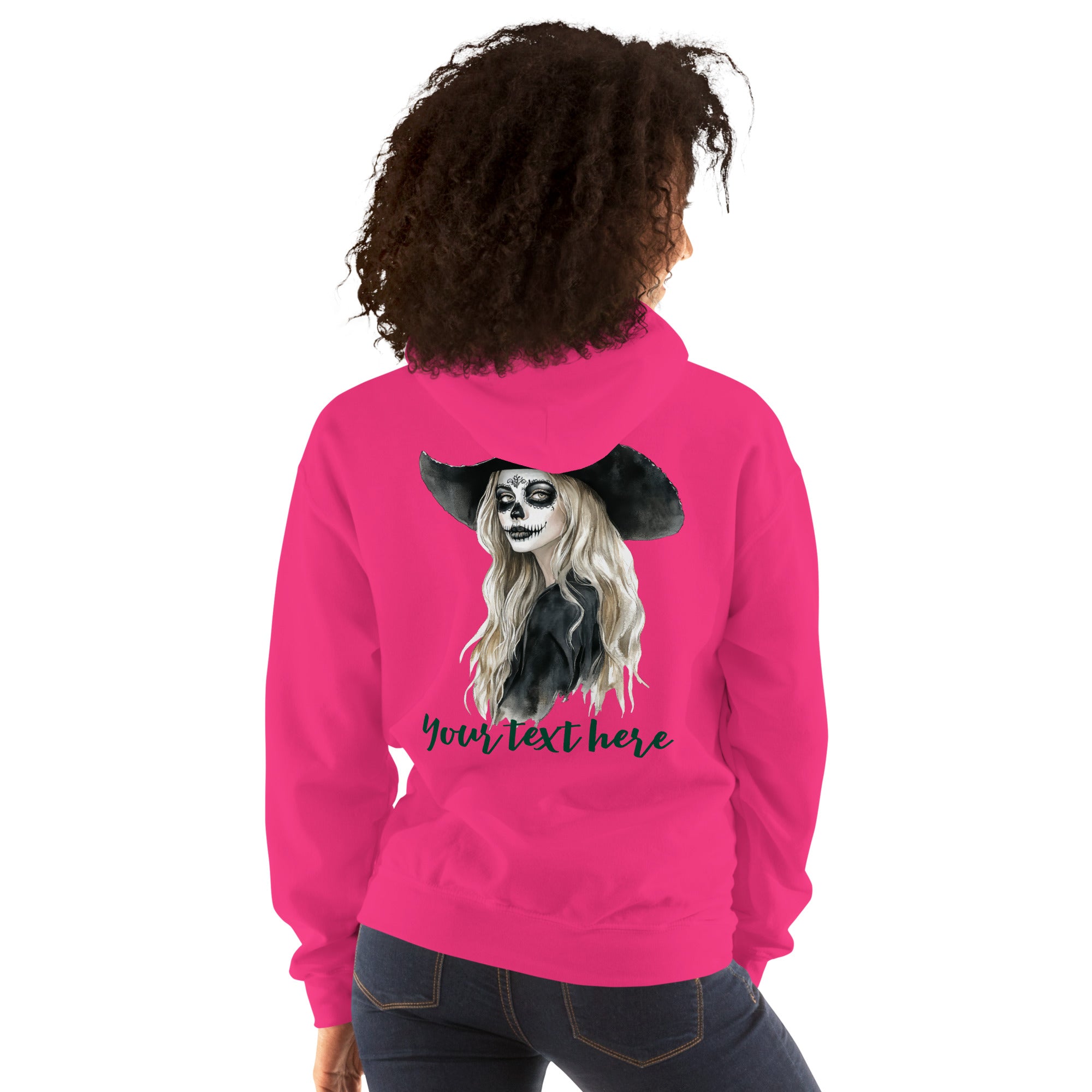 Customizable Western Spooky Hoodie | Embroidered Front & Day of the Dead Cowgirl Back Design - view 28