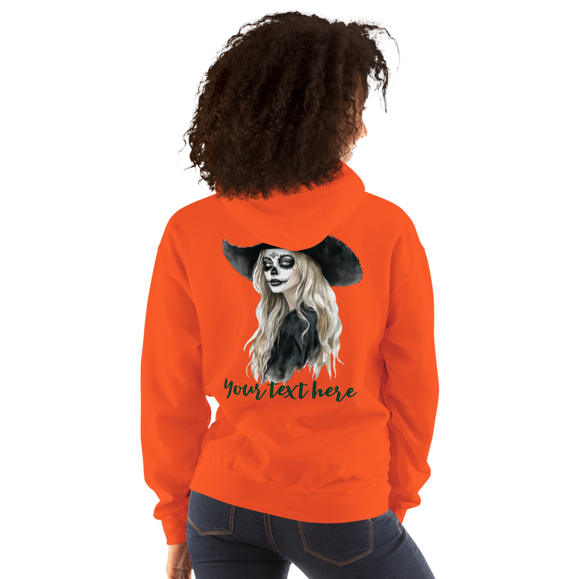 Customizable Western Spooky Hoodie | Embroidered Front & Day of the Dead Cowgirl Back Design - view 40