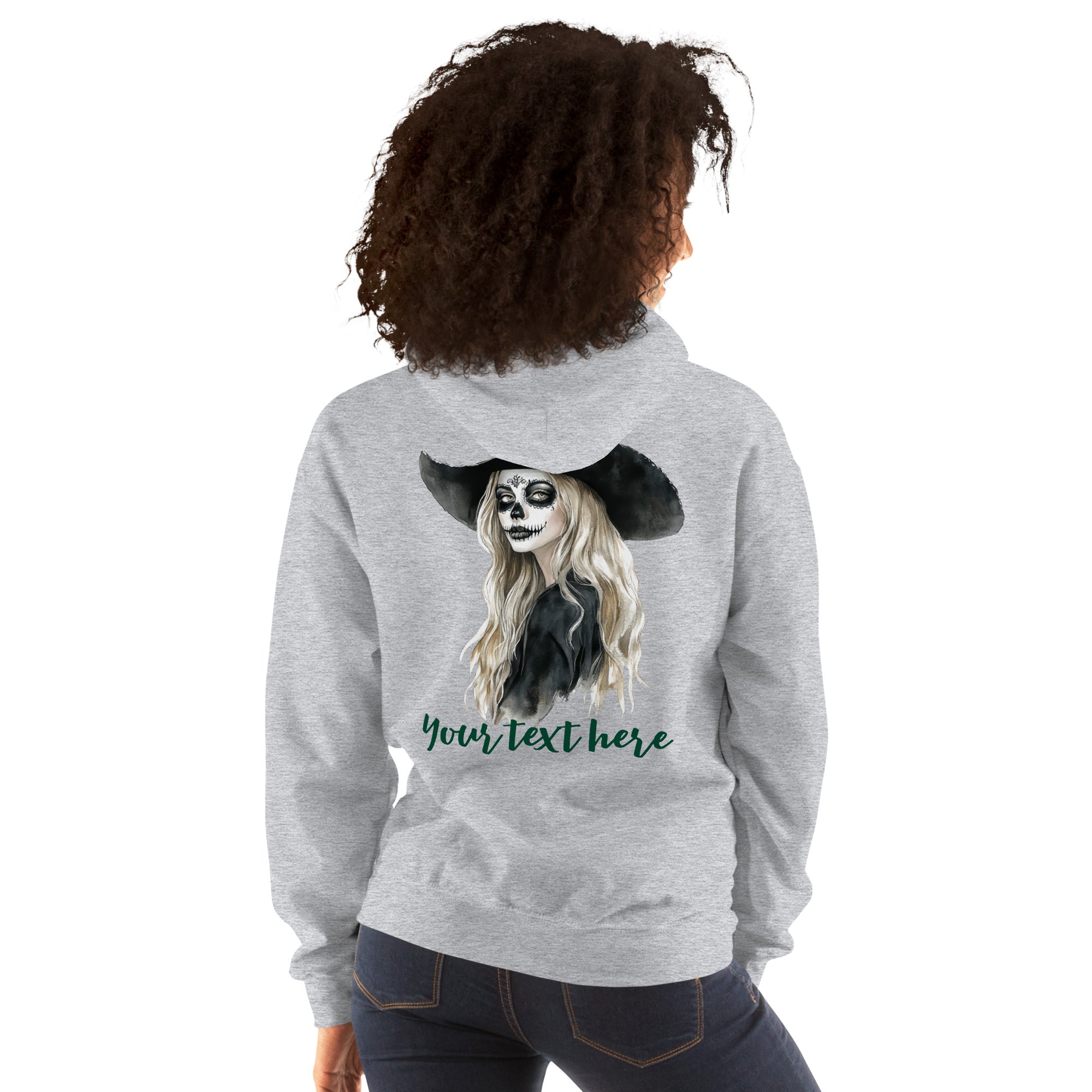 Customizable Western Spooky Hoodie | Embroidered Front & Day of the Dead Cowgirl Back Design - view 49